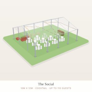 Illustration of a 10 x 12m structure marquee package layout (cocktail)