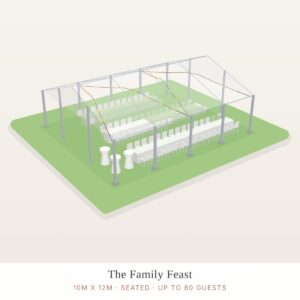 Illustration of a 10 x 12m structure marquee package layout (seated)