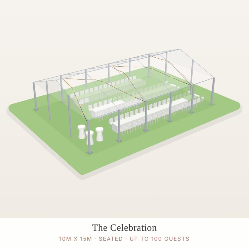 Illustration of a 10 x 15m structure marquee package layout (seated)