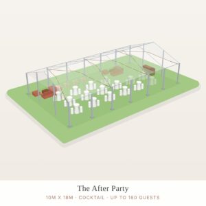 Illustration of a 10 x 18m structure marquee package layout (cocktail)