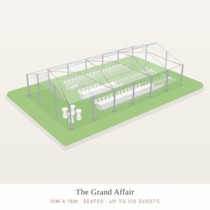 Illustration of a 10 x 18m structure marquee package layout (seated)