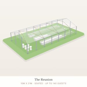 Illustration of a 10 x 21m structure marquee package layout (seated)