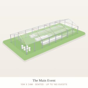 Illustration of a 10 x 24m structure marquee package layout (seated)