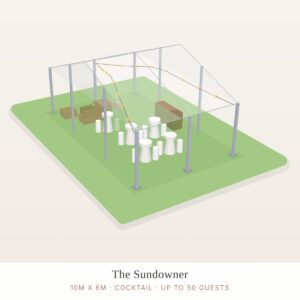 Illustration of a 10 x 6m structure marquee package layout (cocktail)