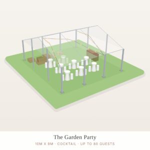Illustration of a 10 x 9m structure marquee package layout (cocktail)