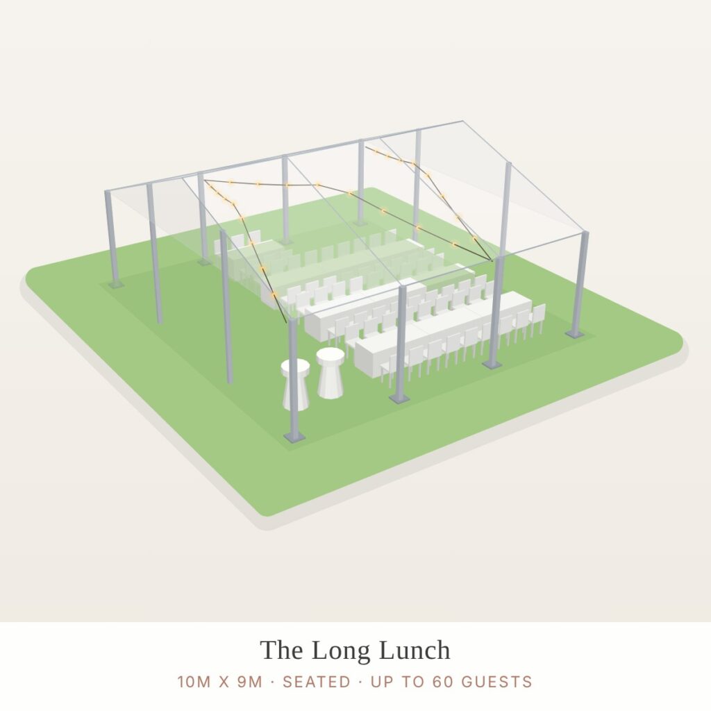 Illustration of a 10 x 9m structure marquee package layout (seated)